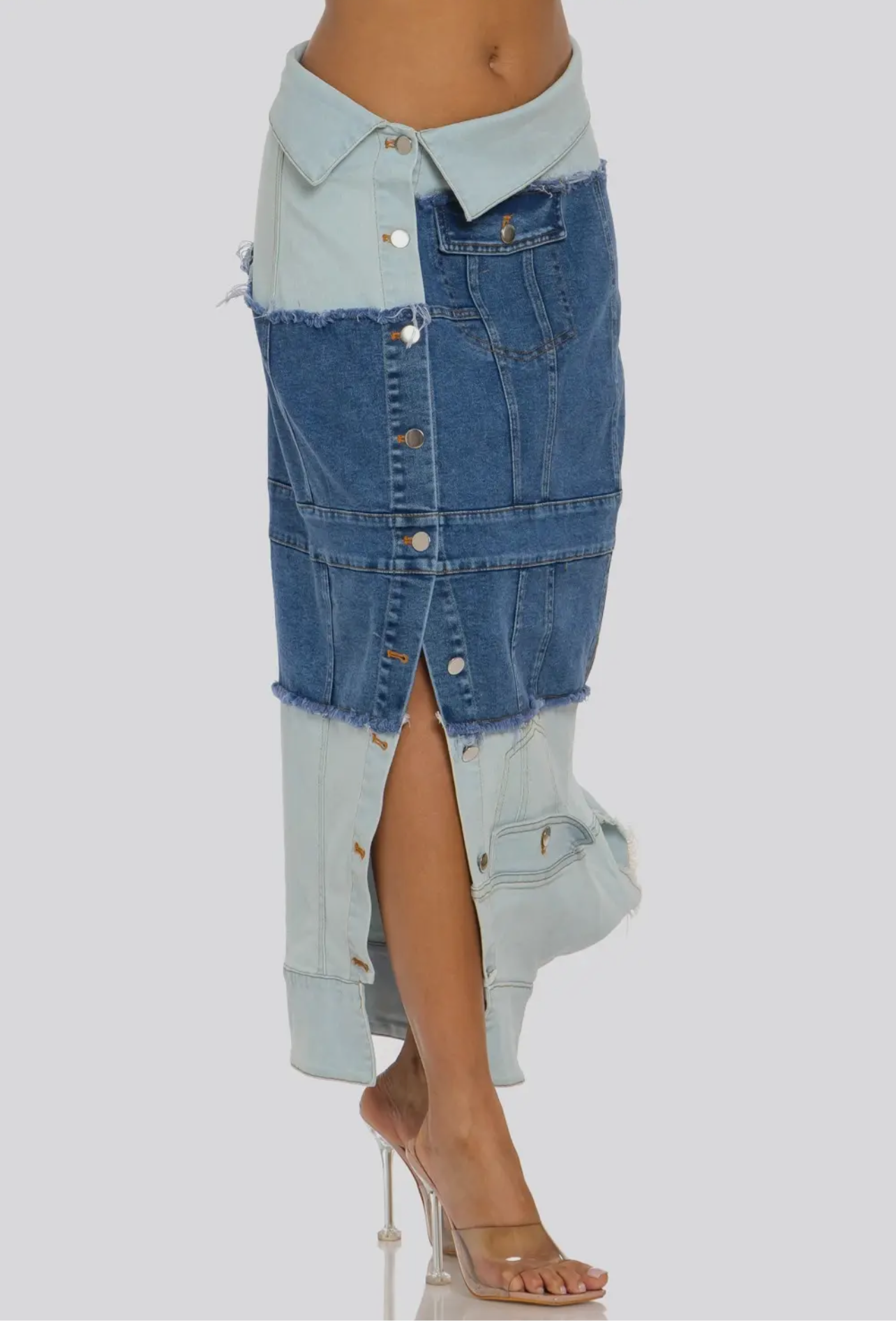 LAYERED TWO-TONE DENIM MIDI SKIRT