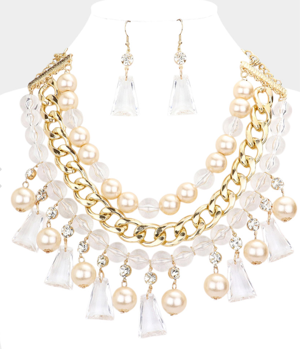 Pearl Lucite Bead Statement Necklace