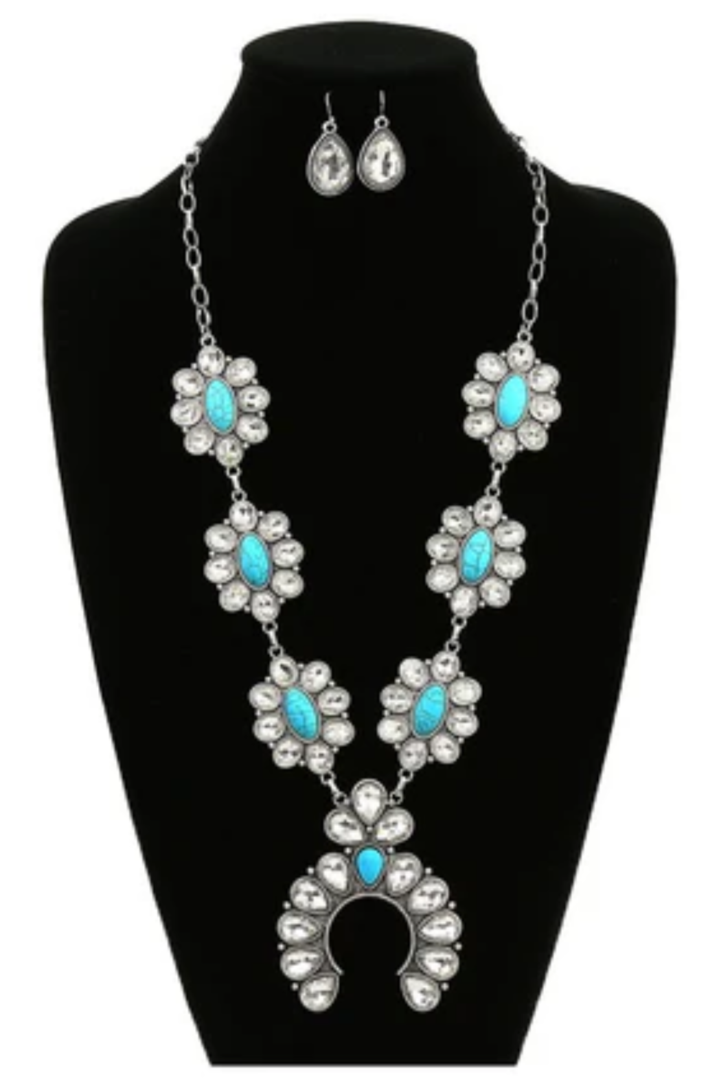 Cowboy Carter Turquoise & Bling Squash Blossom Necklace Set