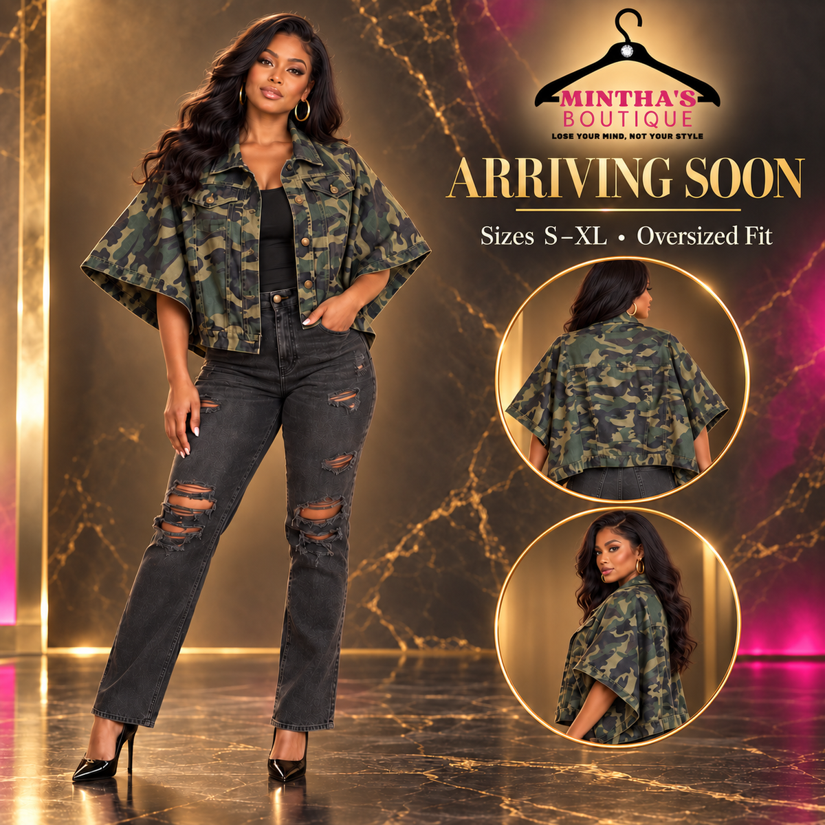 Camo Flyaway Cape-Sleeve Trucker Jacket_Ships Out 9/30