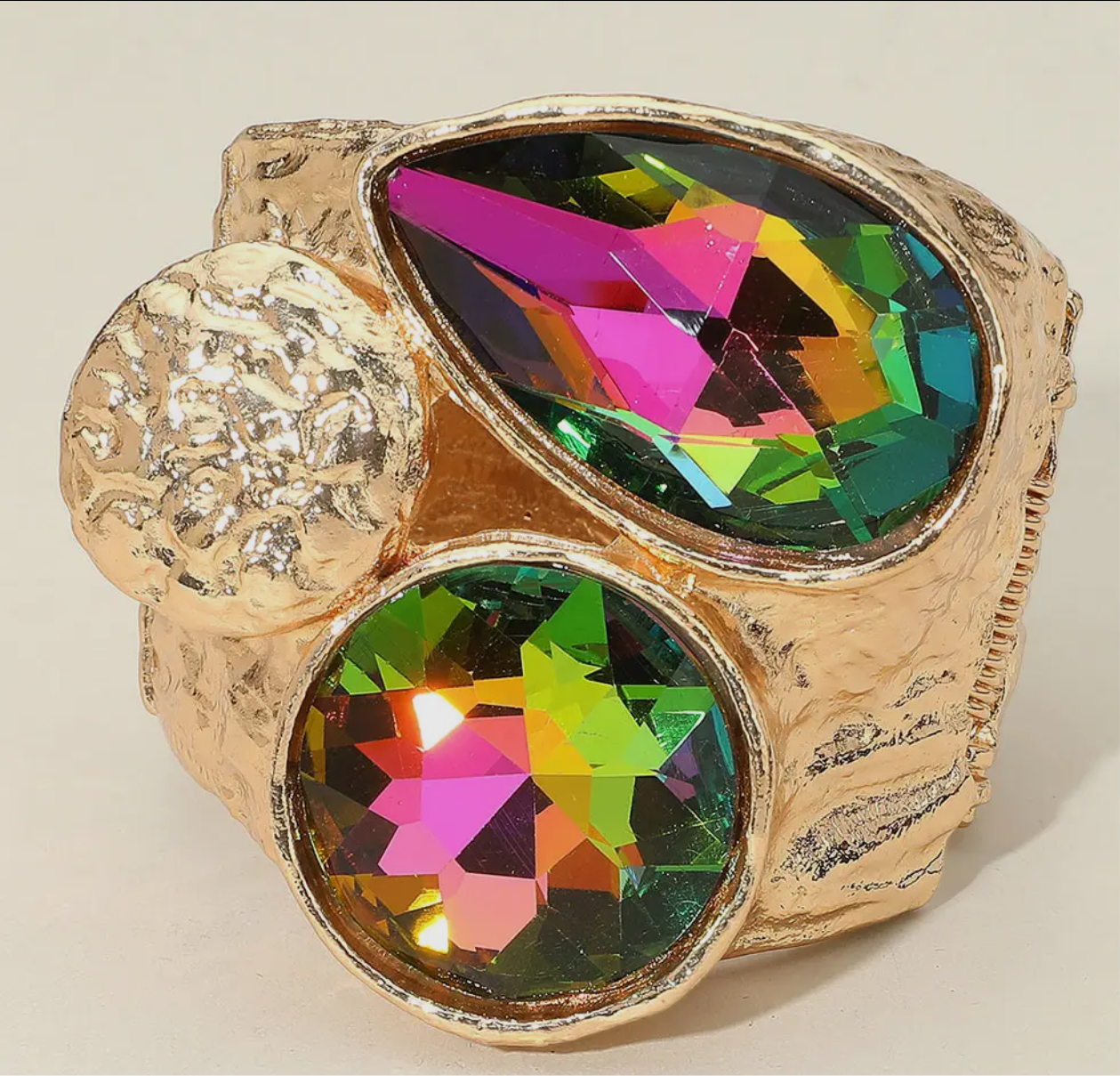 Bold Faceted Teardrop Round Stone Wide Hinged Bracelet