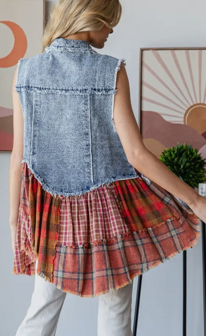 Washed Plaid Denim Flare Vest