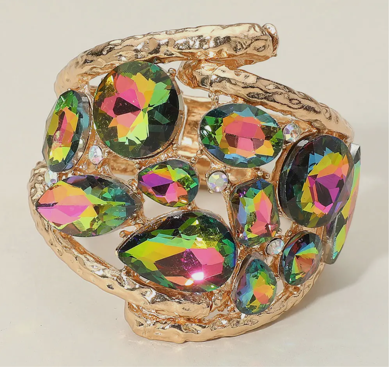 Multi Color Glass Crystal Stone Embellished Metal Hinged Bracelet