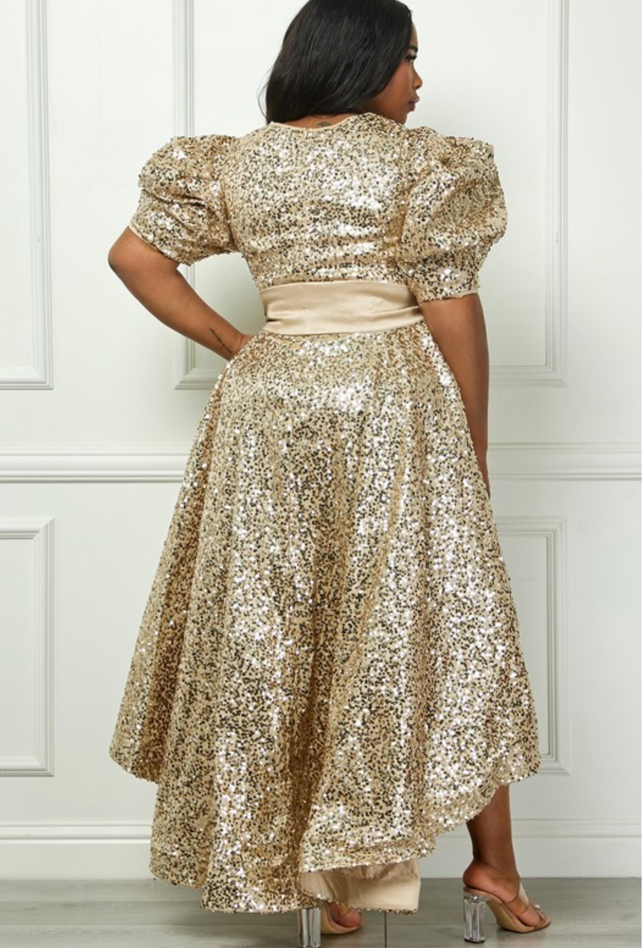 Gold Sequin Puff Half Sleeve Waist Tie Flare Hilow Dress