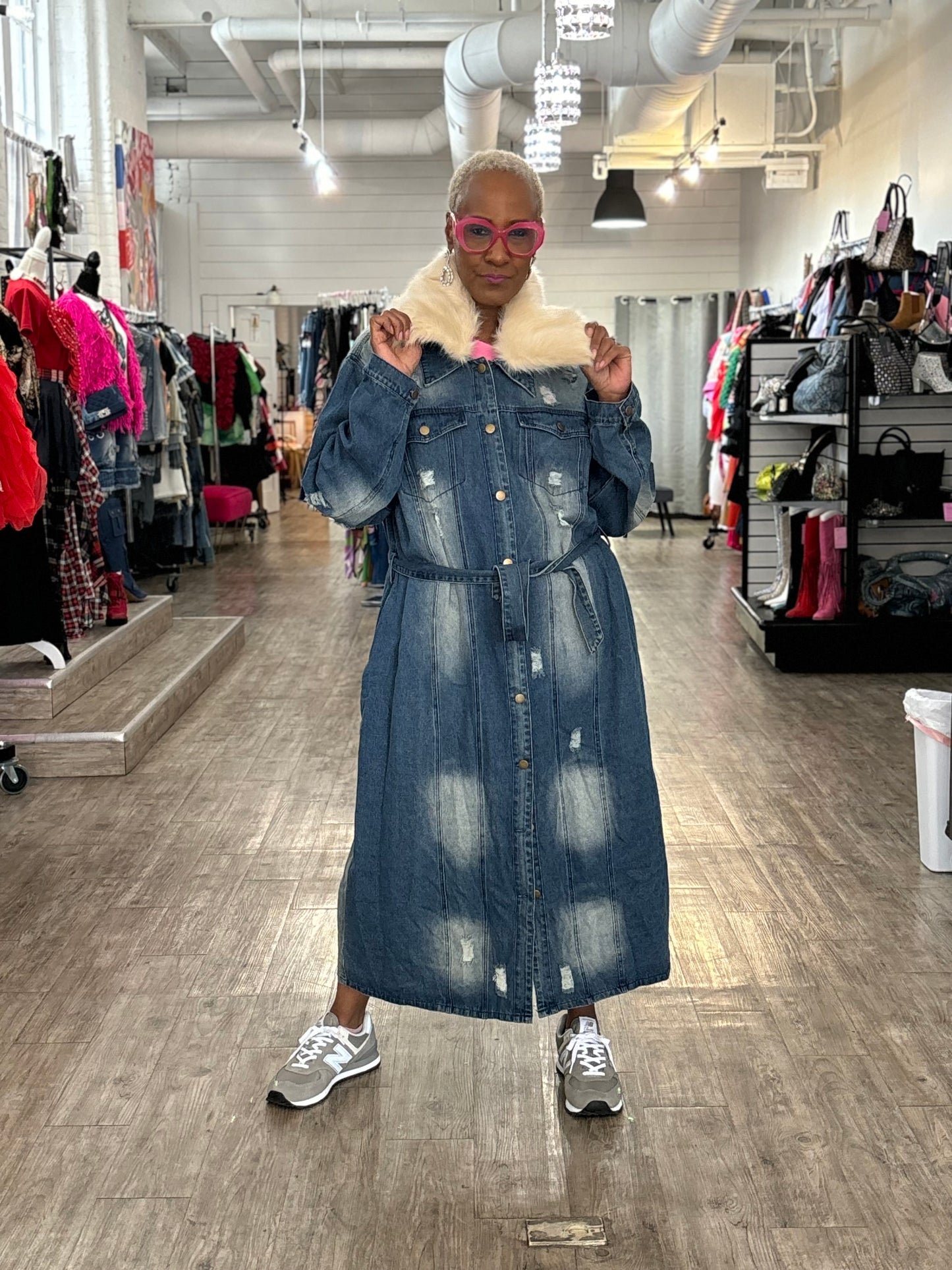 Whiskey Denim Midi Length Jacket w /Fur Collar