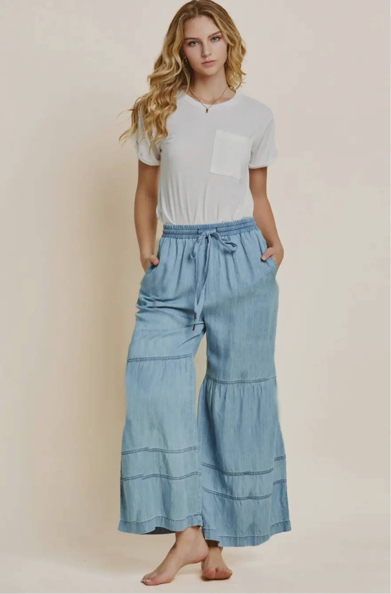 Washed Denim Tiered Wide Lage Pants