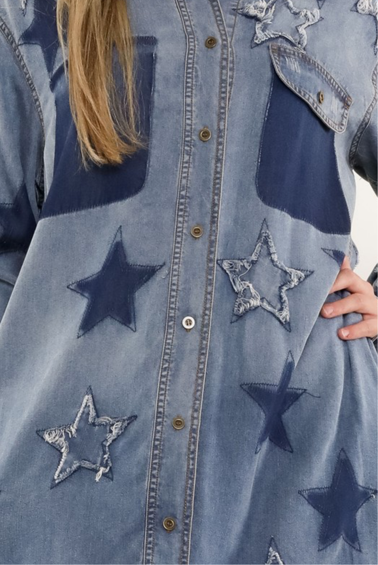 Feel Like a Star Denim/Dark Denim Frayed Star High-Low Dress Runs Big
