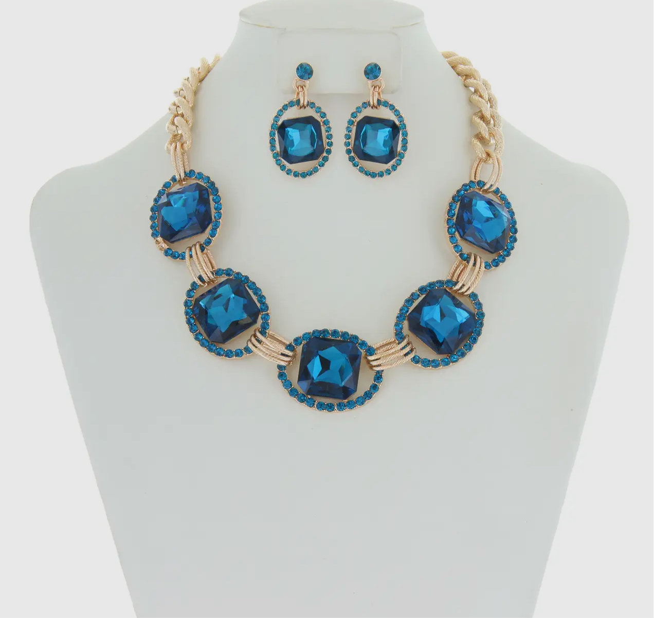 Blue Chunky Square Gem Oval Rhinestone Link Necklace Set