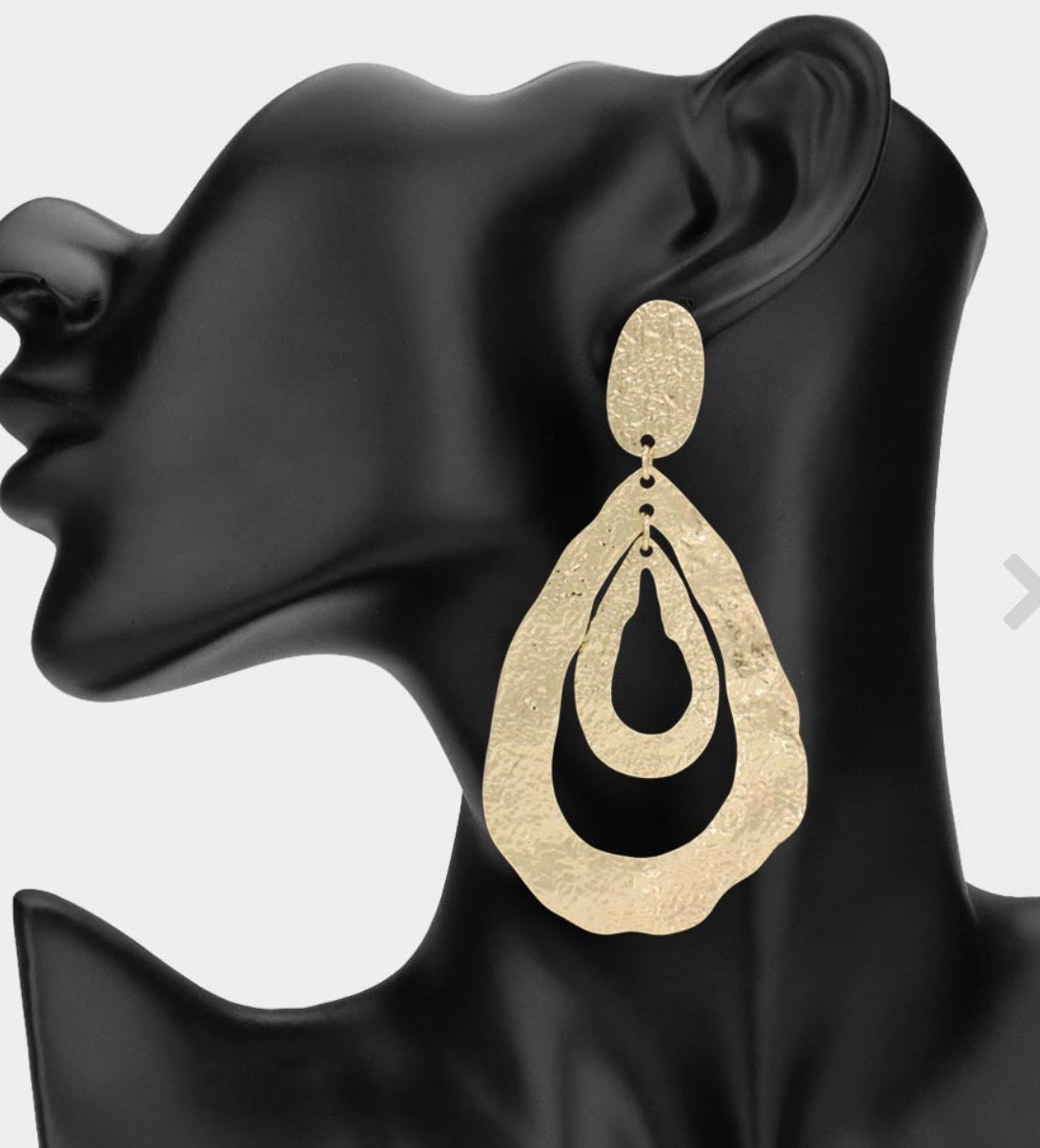 Bold Hammered Metal Layered Teardrop Statement Earrings
