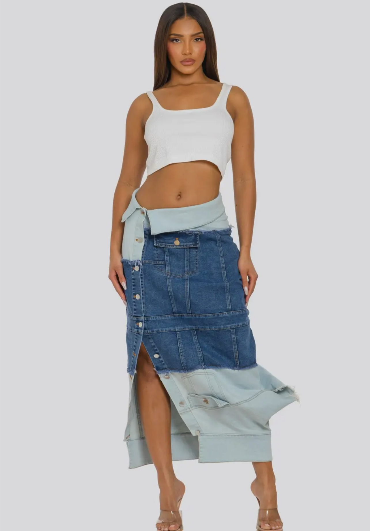 LAYERED TWO-TONE DENIM MIDI SKIRT
