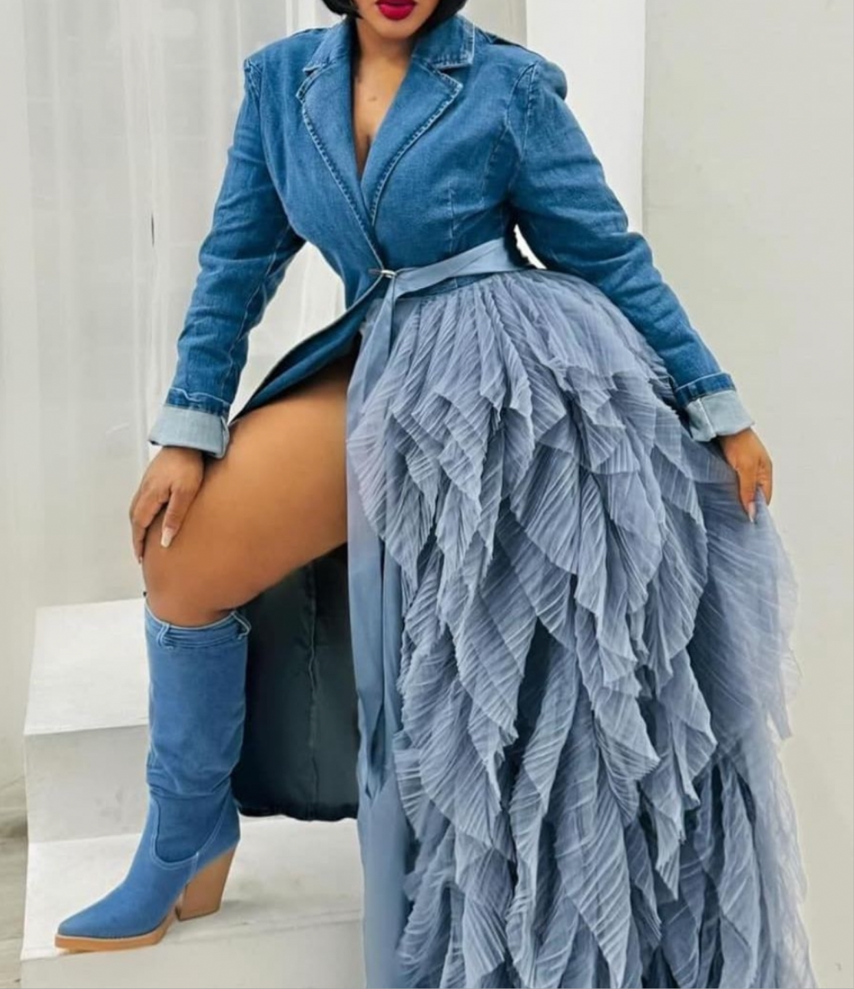 Lethal Weapon LUX WATERFALL BLAZER DRESS -DENIM