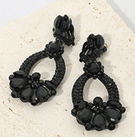 Teardrop Glass Stone Rhinestone Embellished _Clip On Earrings