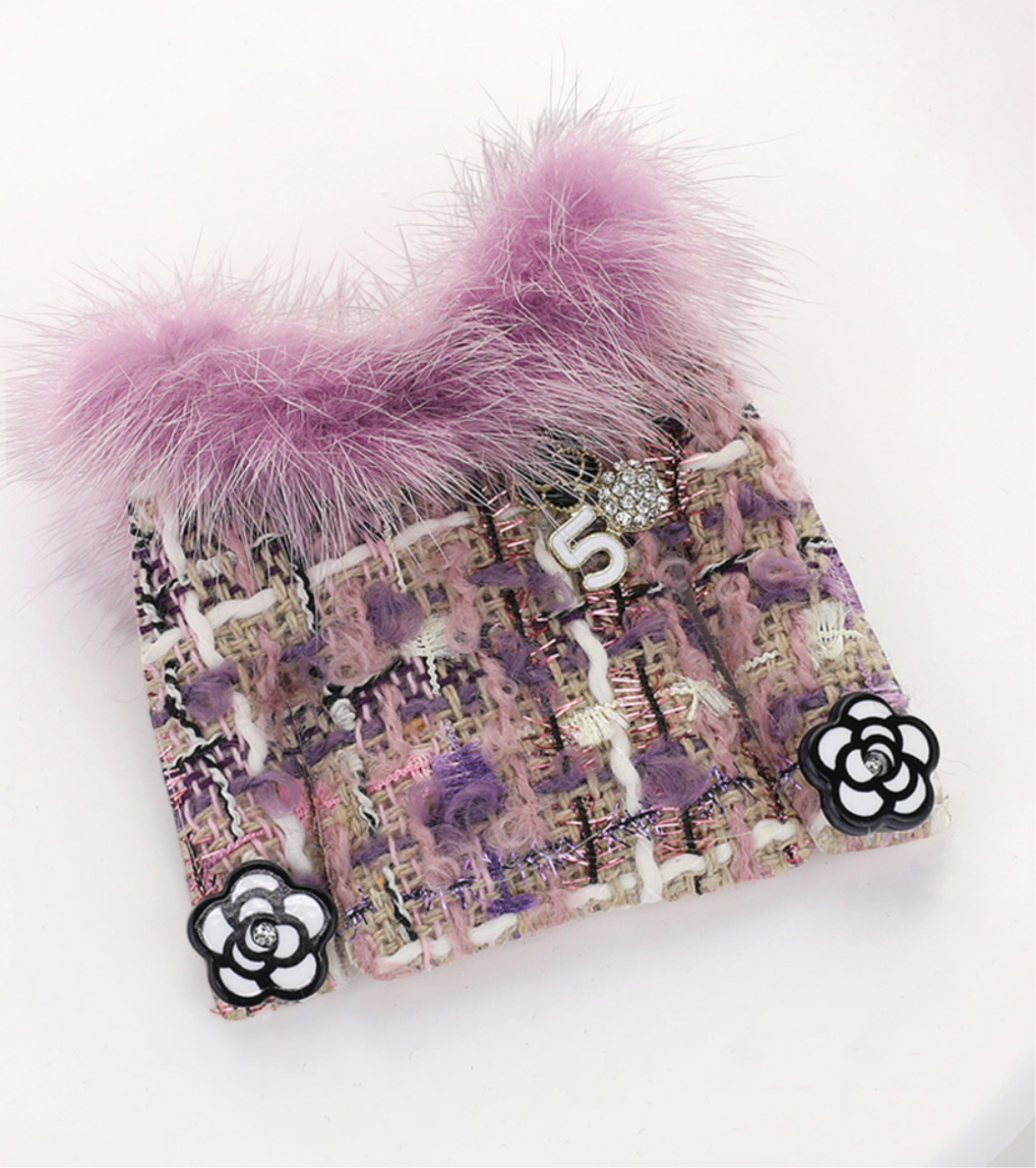 Fuzzy Fur Trim Tweed Jacket Pin Brooch