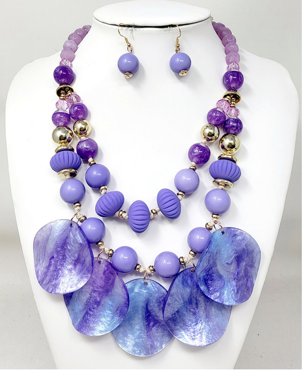 Purple Chunky Wavy Beaded Double Statement Necklace