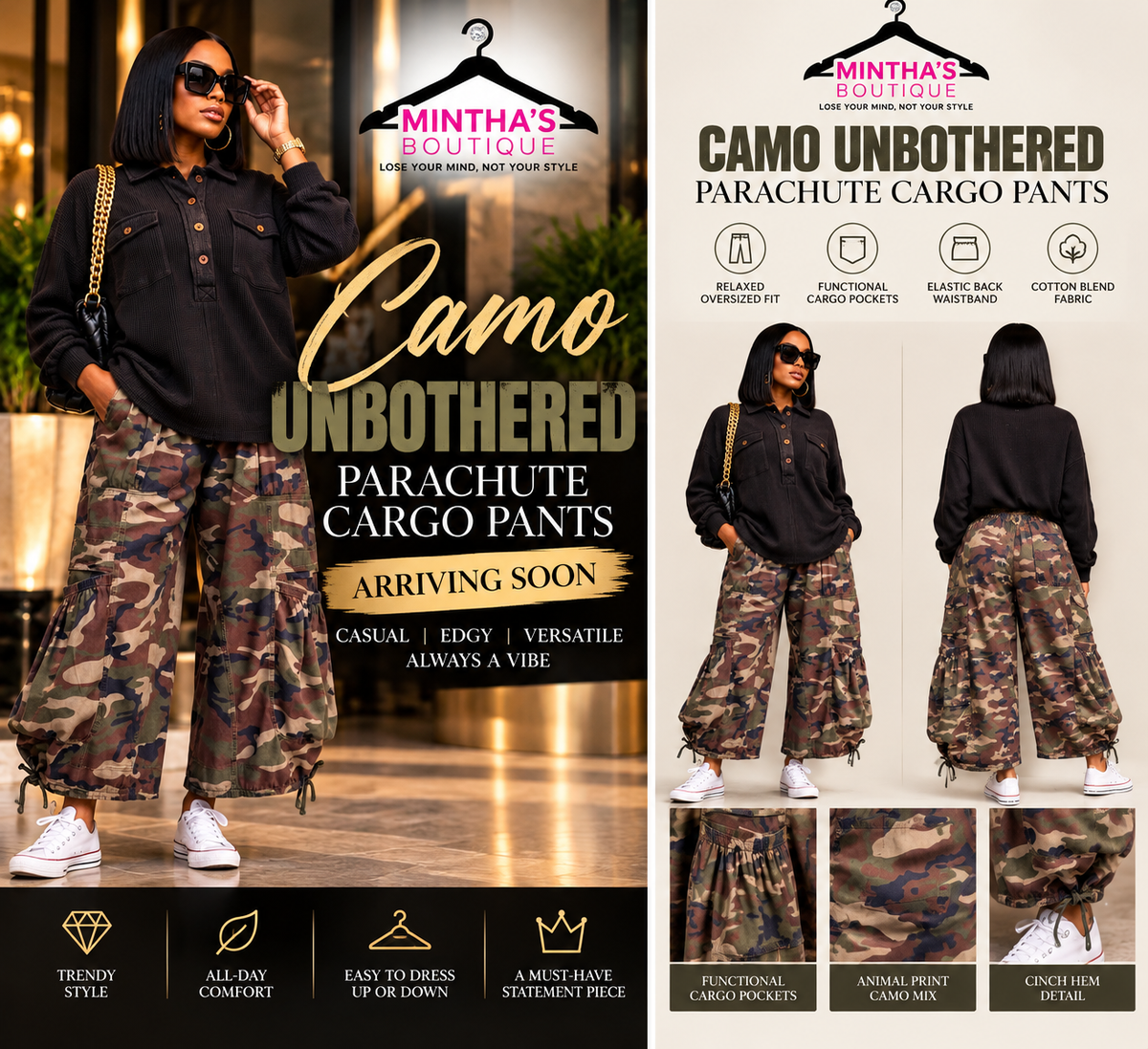 CAMO UNBOTHERED PARACHUTE PANTS~PRE-ORDER 11/3