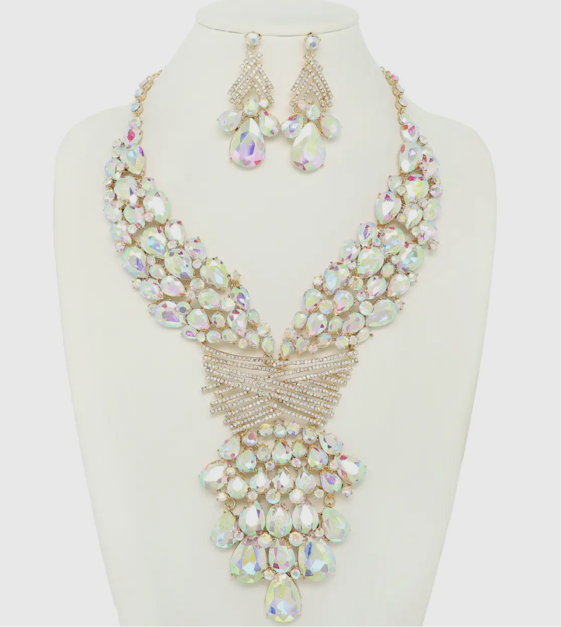 WOW FACTOR Gold AB Teardrop Round Stone Embellished Statement Necklace Set