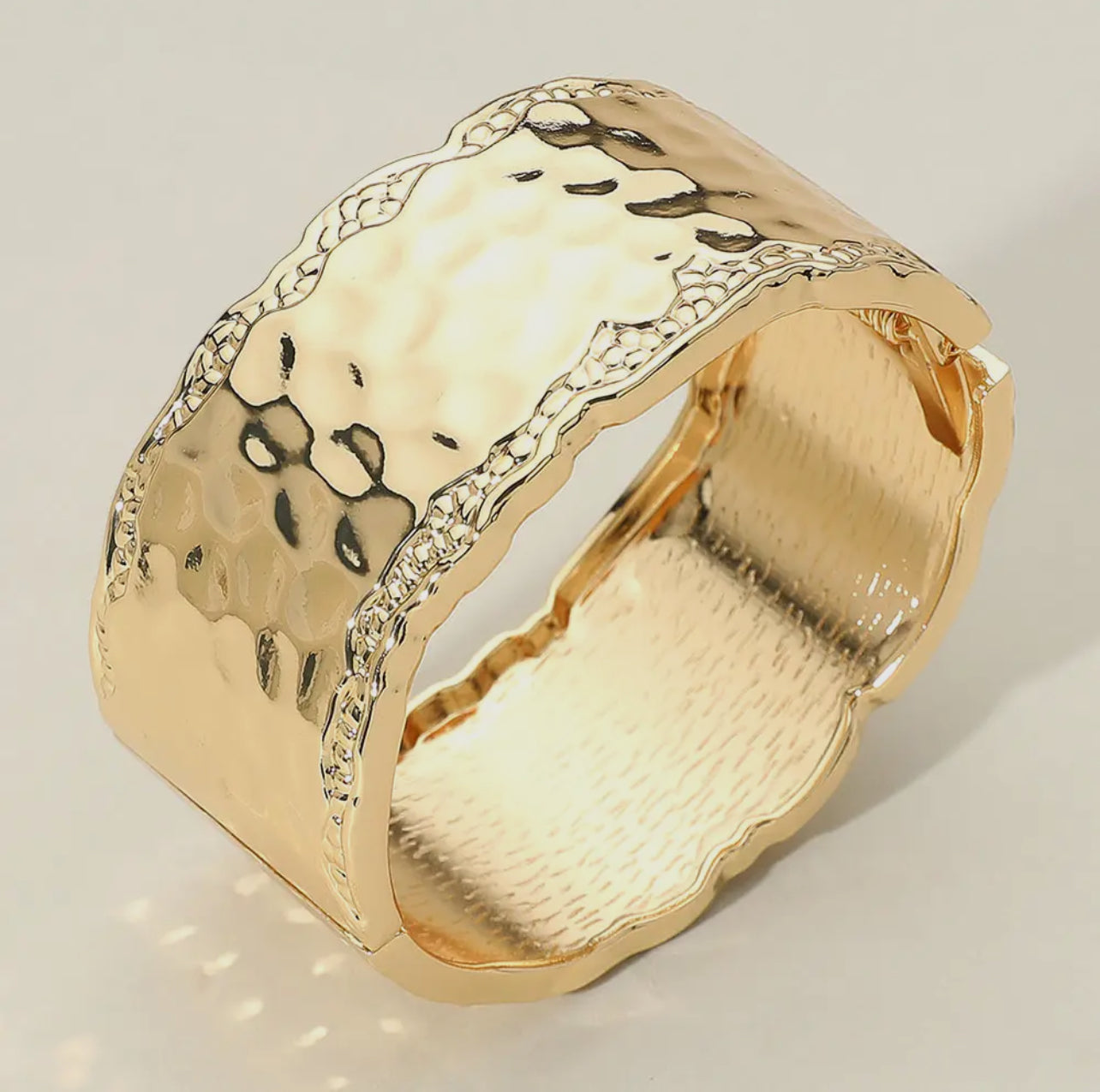 Wide Hammered Metal Hinged Bangle Bracelet