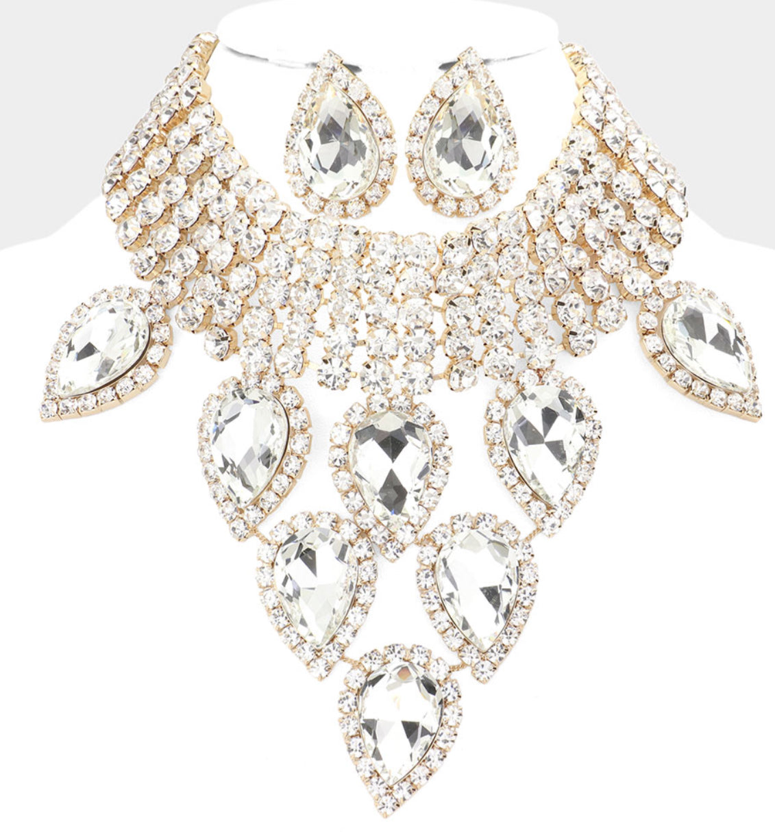 Gold Teardrop Stone Cluster Pointed Choker Necklace