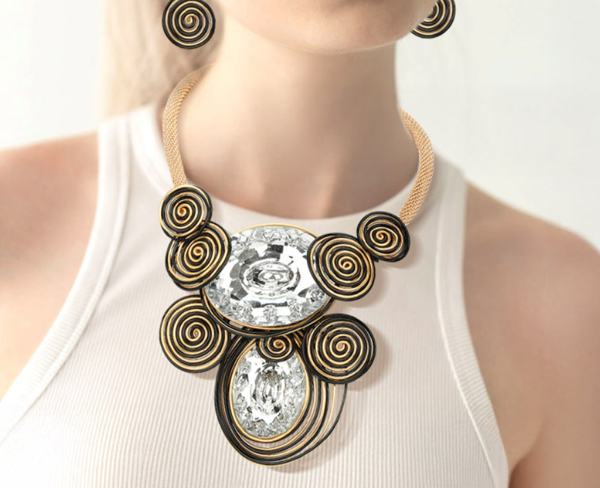 Bold Double Oval Accented Metal Wire Statement Necklace_
