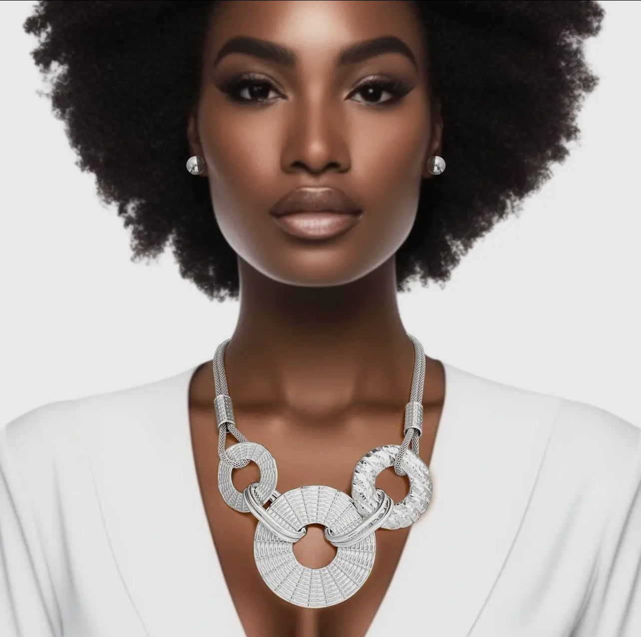 Silver Textured Rings Necklace Set