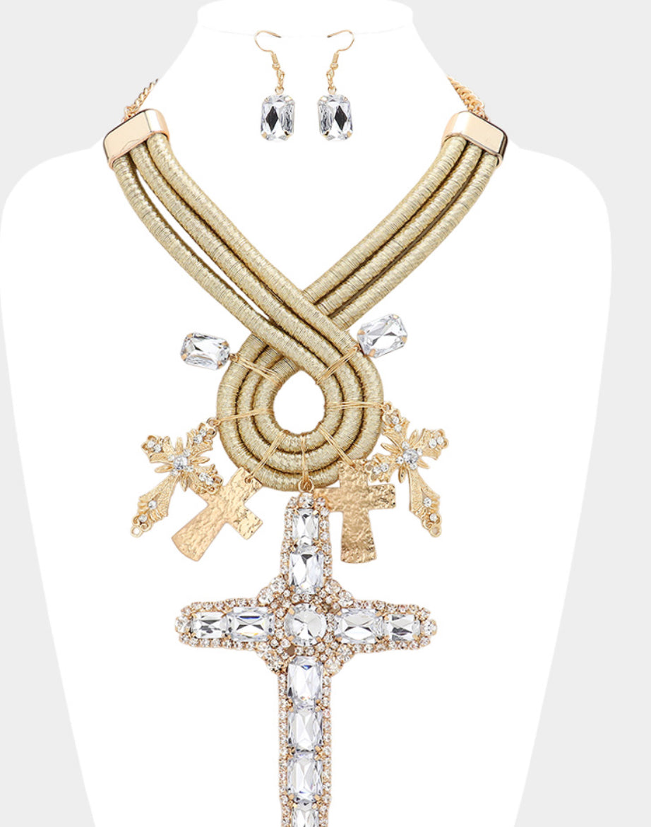 Oversized Stone Embellished Cross Metal Wire Statement Necklace