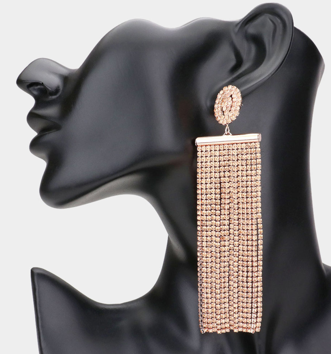 Rose Gold Oversized Crystal Rhinestone Tassel Statement Earrings