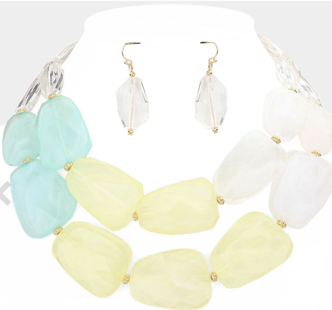 Blue Yellow _Tiered Resin Pebble Necklace