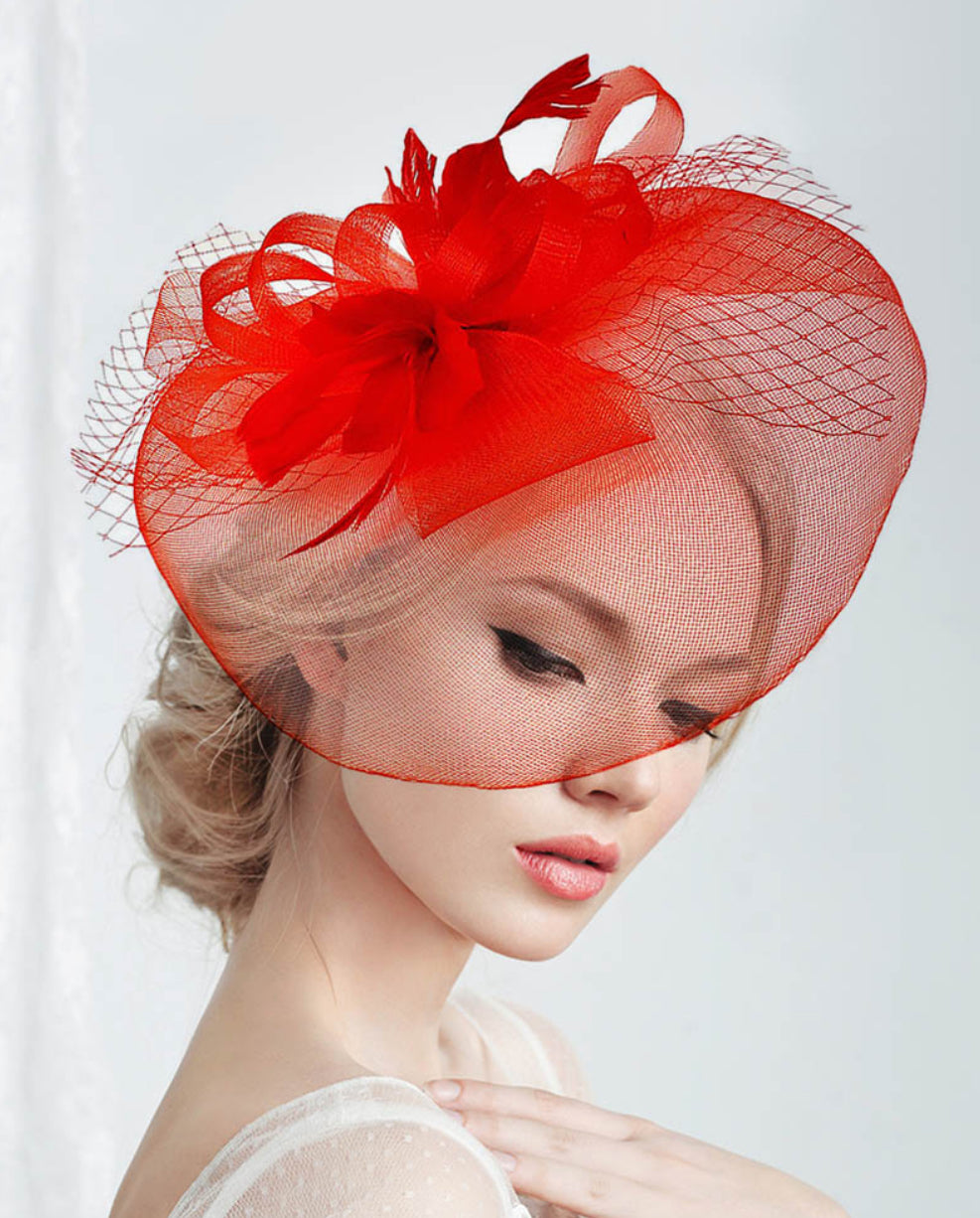 Red Feather Mesh Fascinator / Headband