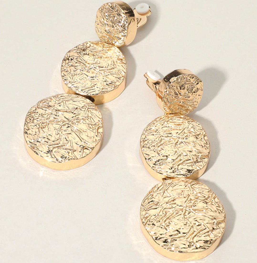 Chunky Textured Metal Disc Dropdown Clip On Earrings