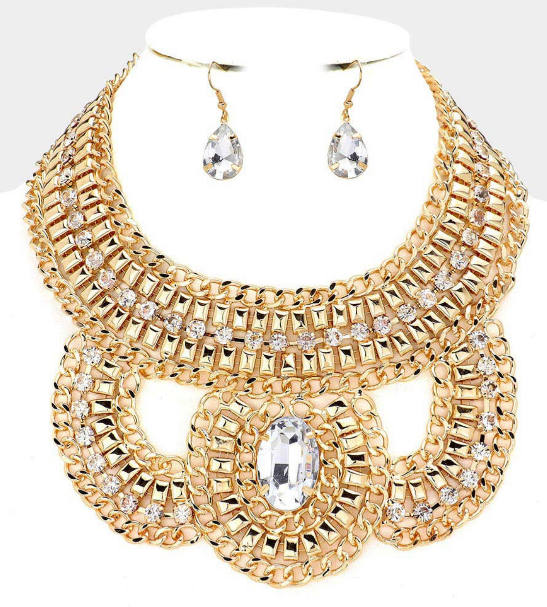 Gold Oval Stone Accented Statement Necklace Set