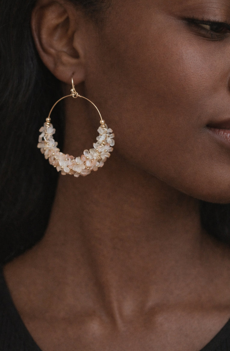 Beaded Flower Drop Hoop Earrings