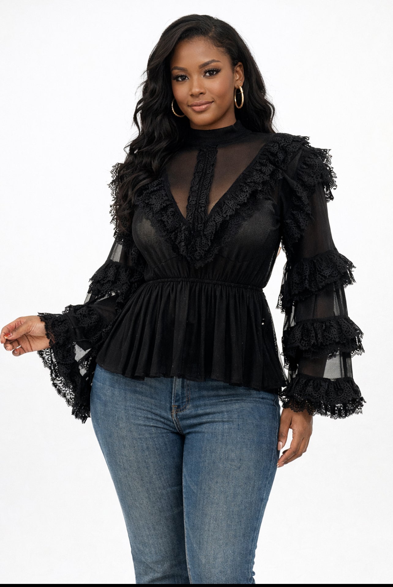 Sheila Sheer Lace Hem Peplum Blouse_Black
