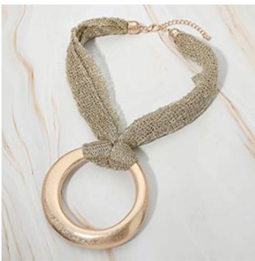 Oversized Open Circle Pendant Mesh Knot Statement Necklace
Style No
