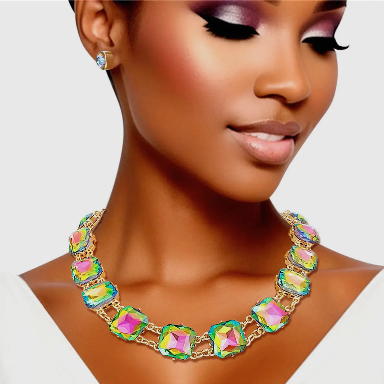 Necklace Pink Green Crystal Link Set