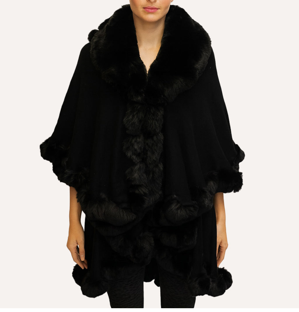 Elegant Faux Fur Trim Cape Poncho