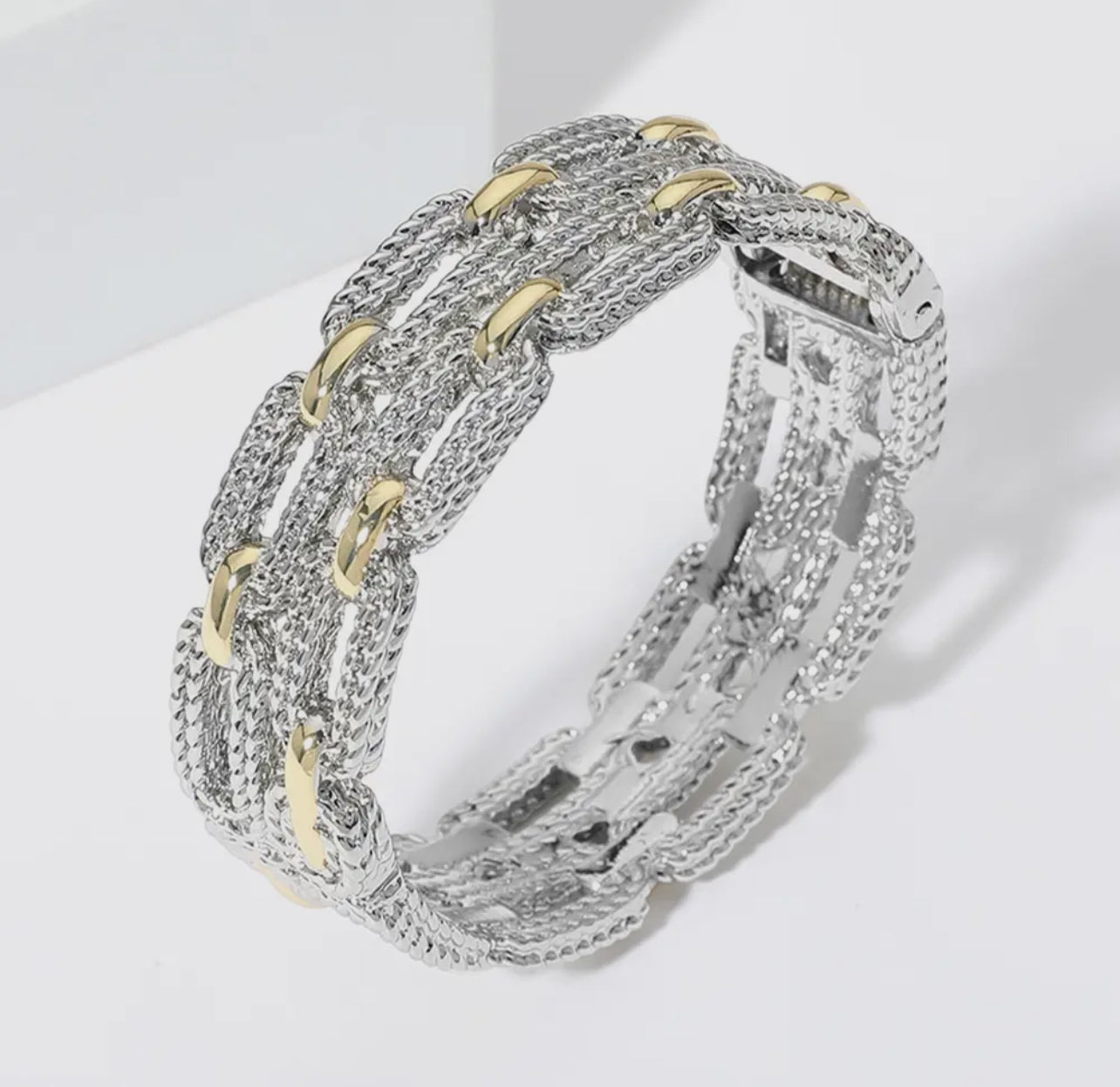 Silver Gold Two Tone Double Layered Textured Chain Link Bangle Bracelets
