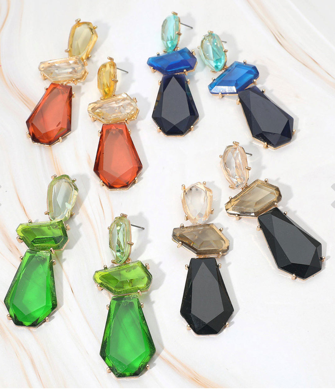 Geometric Three Stone Cluster Drop Earrings