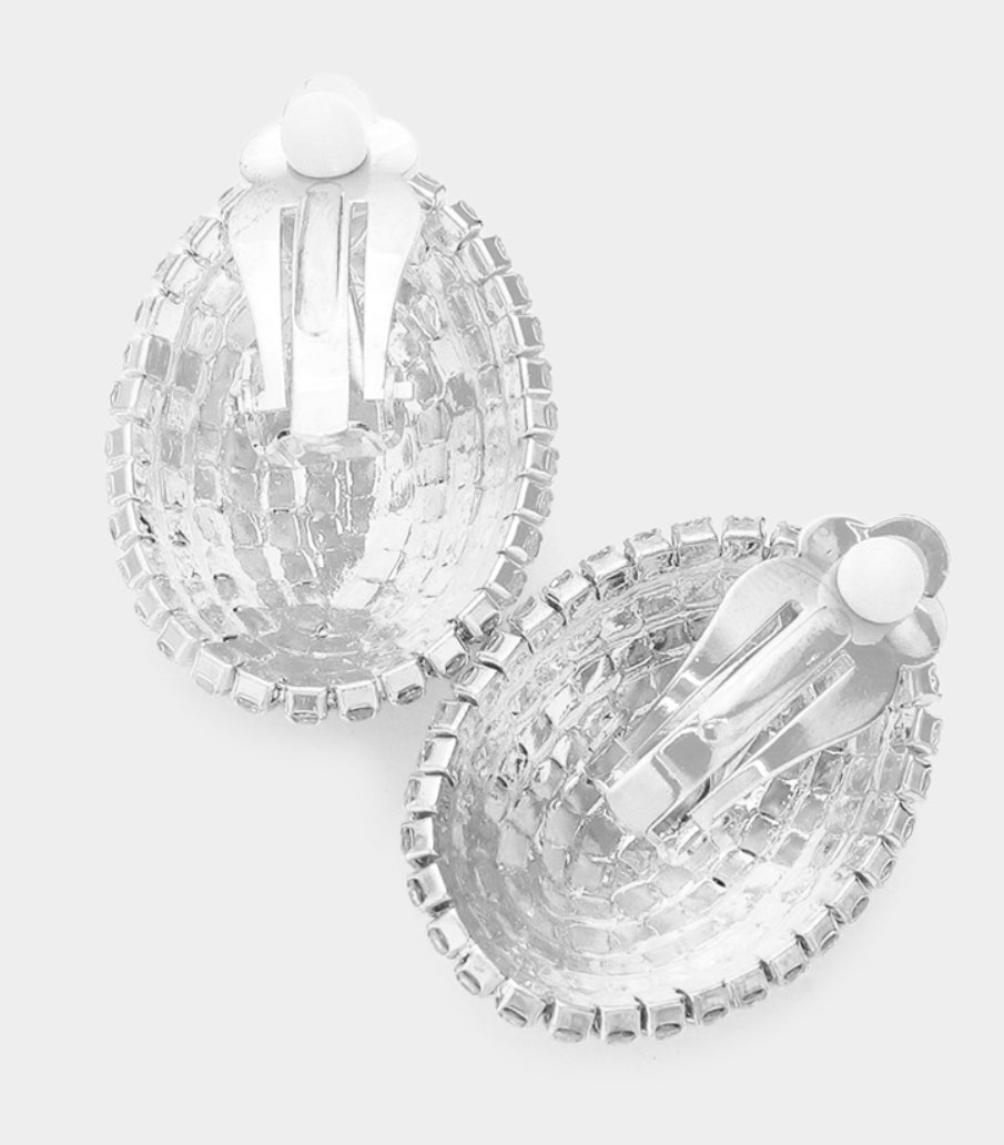 Rhinestone Pave Oval Evening Clip on Earrings