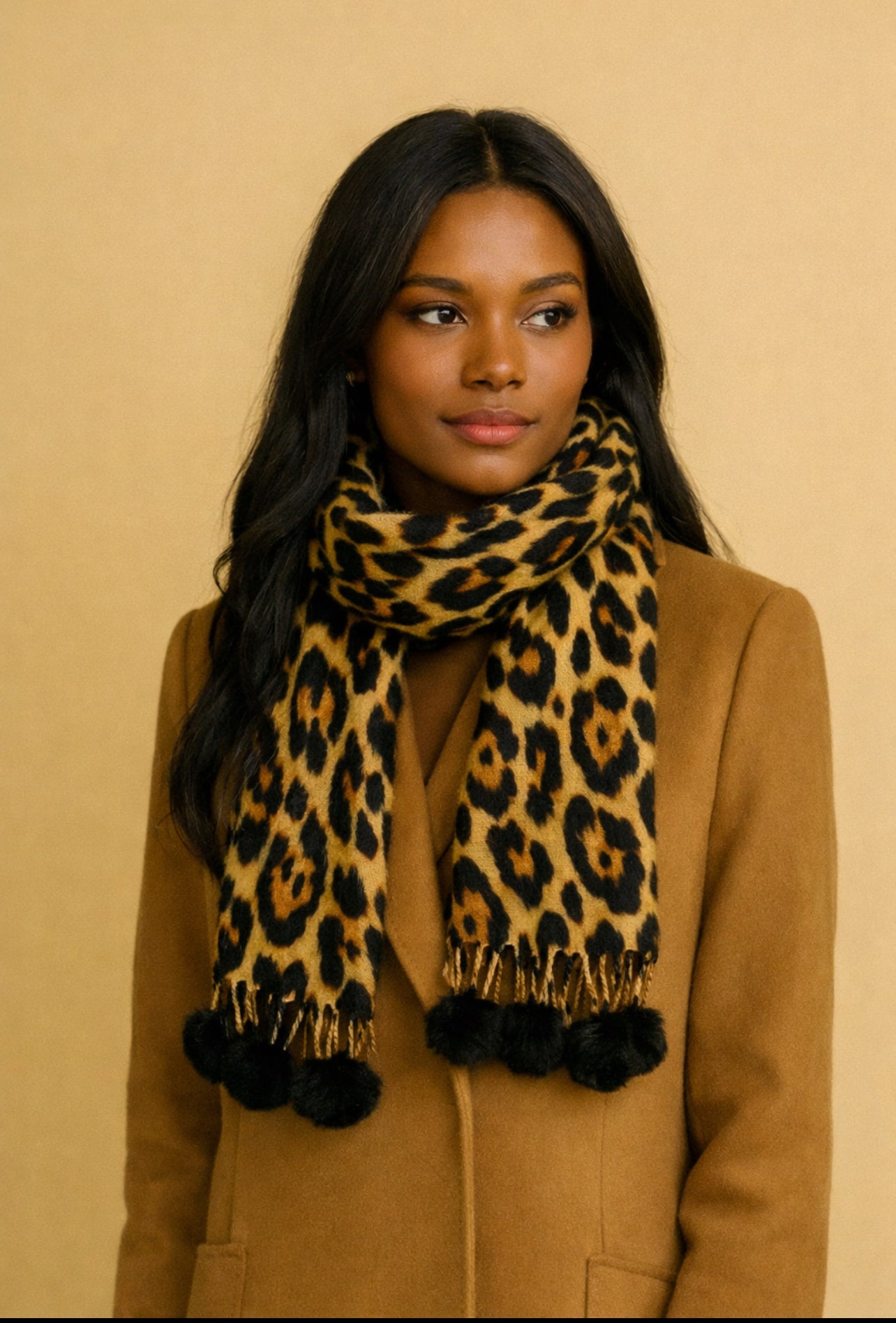 Pom Pom Tassel Leopard Scarf