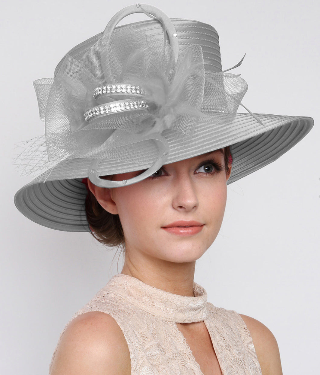 Silver Rhinestone Embellished Feather Accented Mesh Bow Dressy Hat