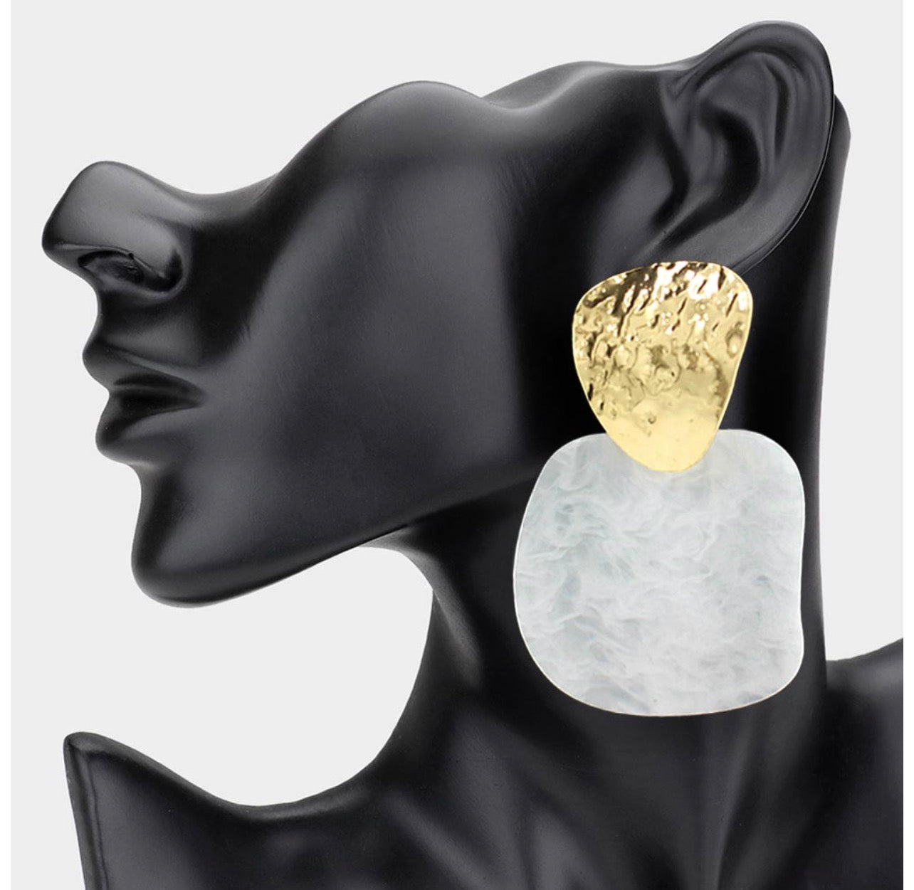 Bold Textured Metal Resin Panel Statement Earrings_White