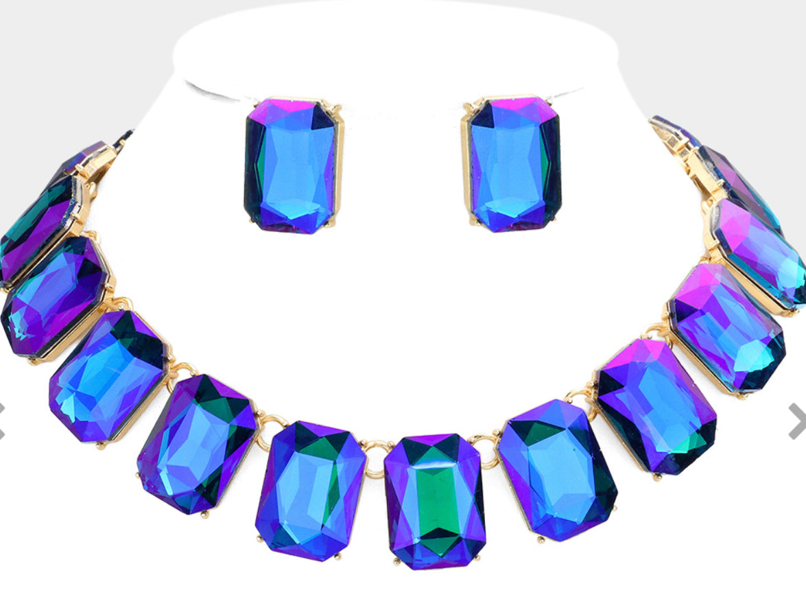 Emerald Cut Stone Link Necklace Set
