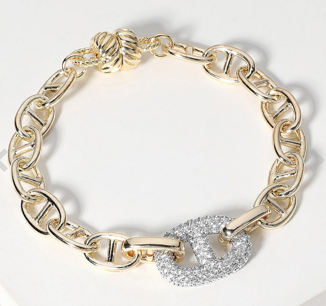14K Gold Plated CZ Stone Paved Mariner Link Accented Magnetic Bracelet