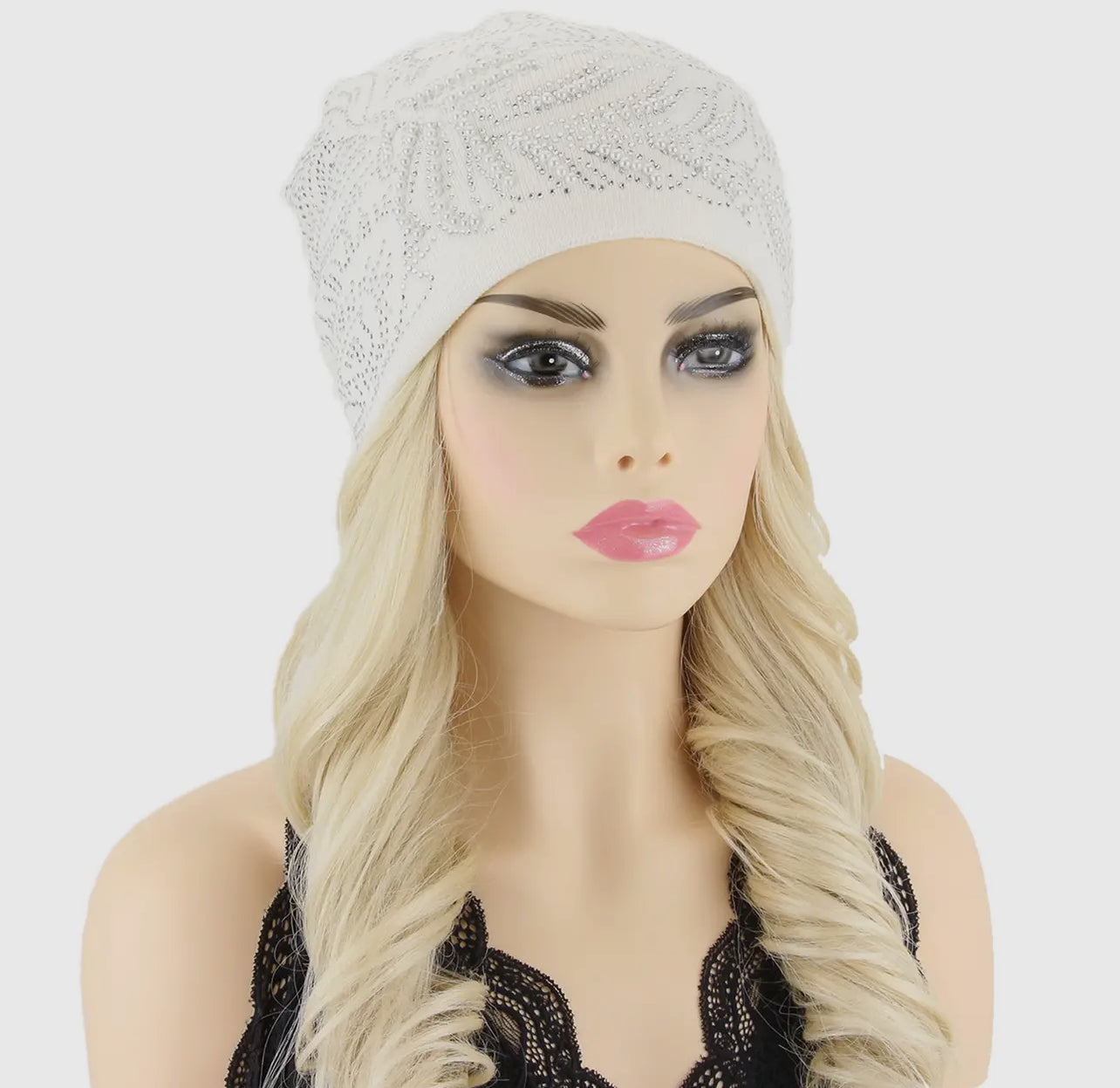 Rhinestone Encrusted Peacock Feather Beanie