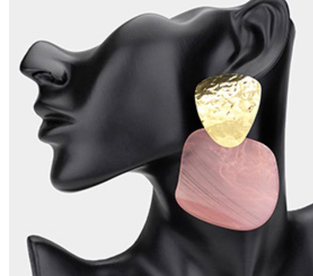 Bold Textured Metal Resin Panel Statement Earrings_Light Pink