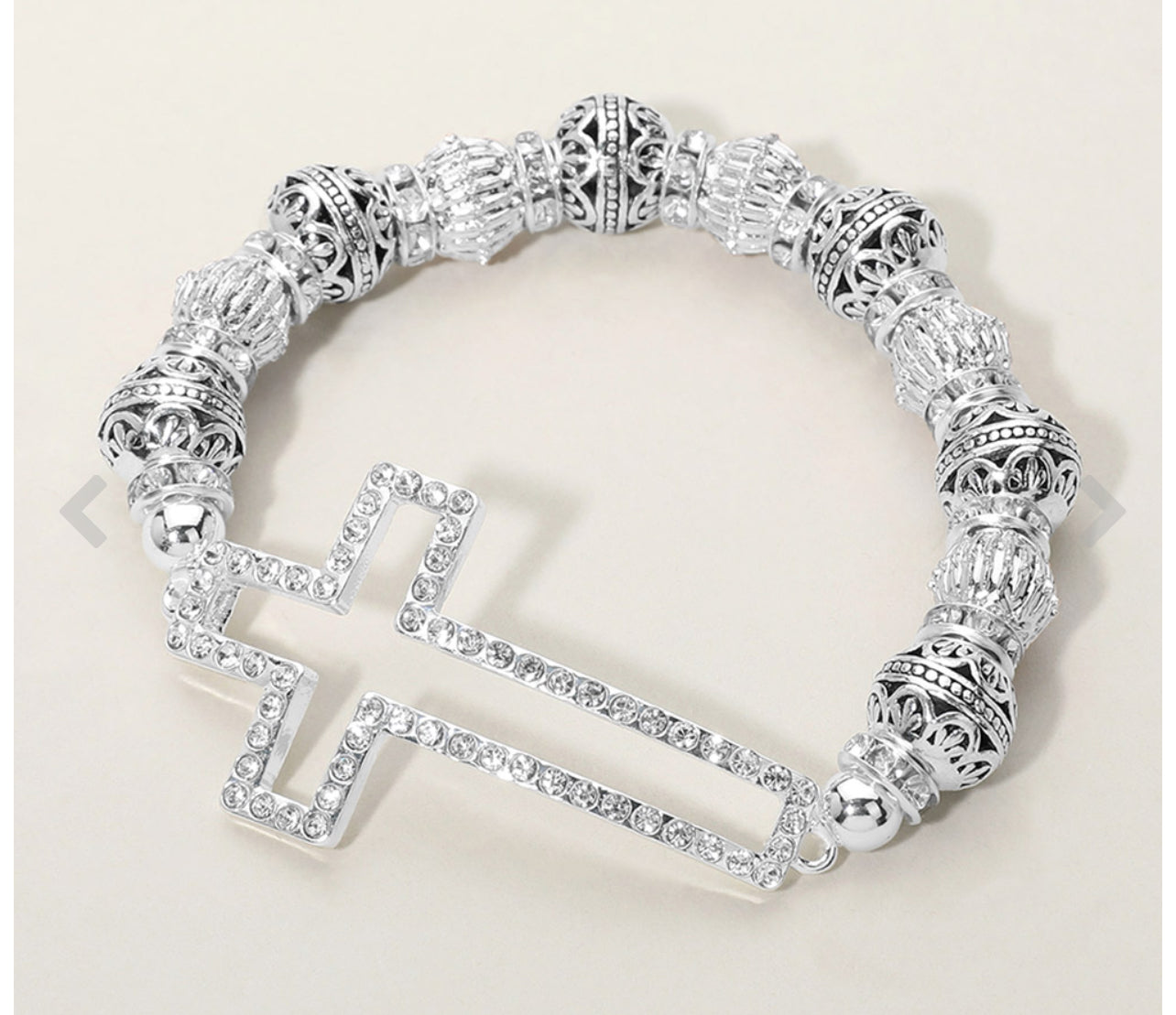 Stone Paved Open Cross Metal Ball Beaded Stretch Bracelet