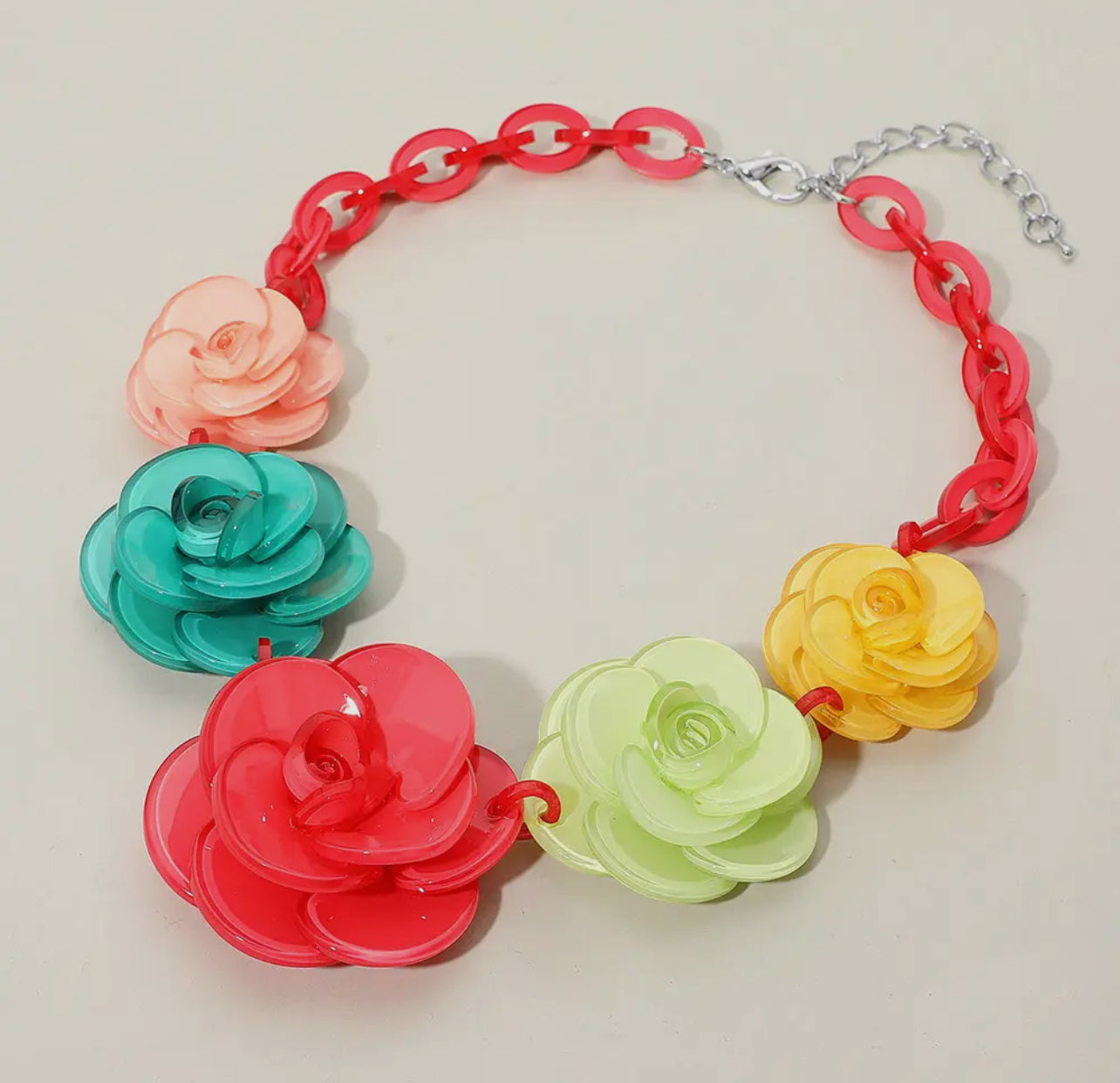 Bold Resin Flower Link Statement Necklace_Multi