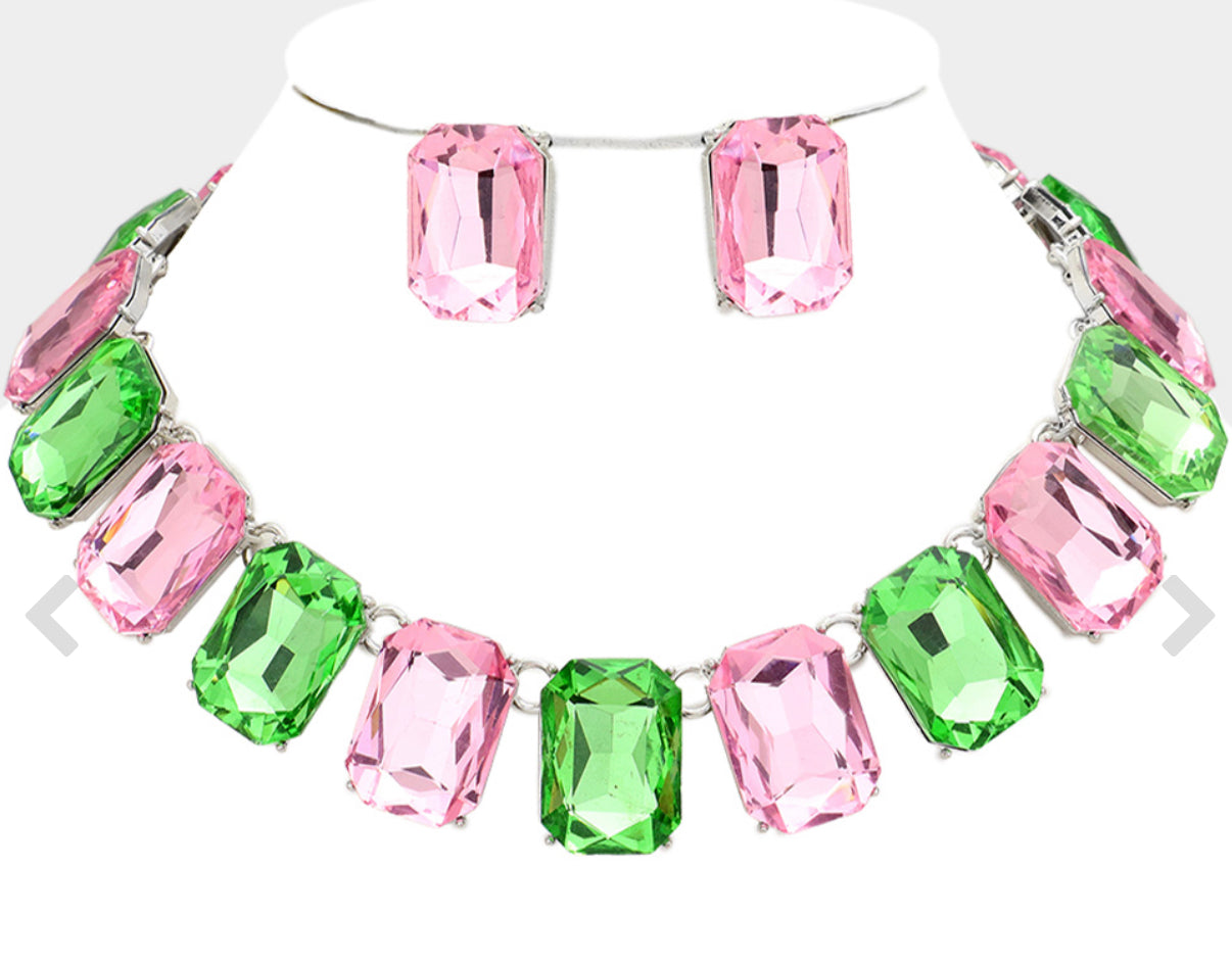 Emerald Cut Stone Link Necklace Set