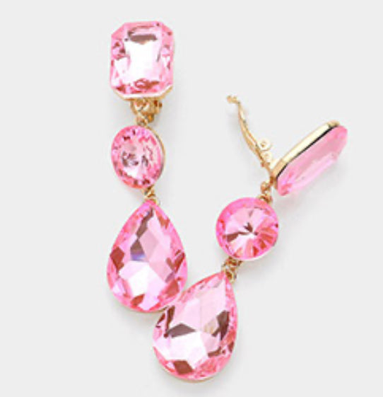 Triple Glass Crystal Drop Clip On Earrings