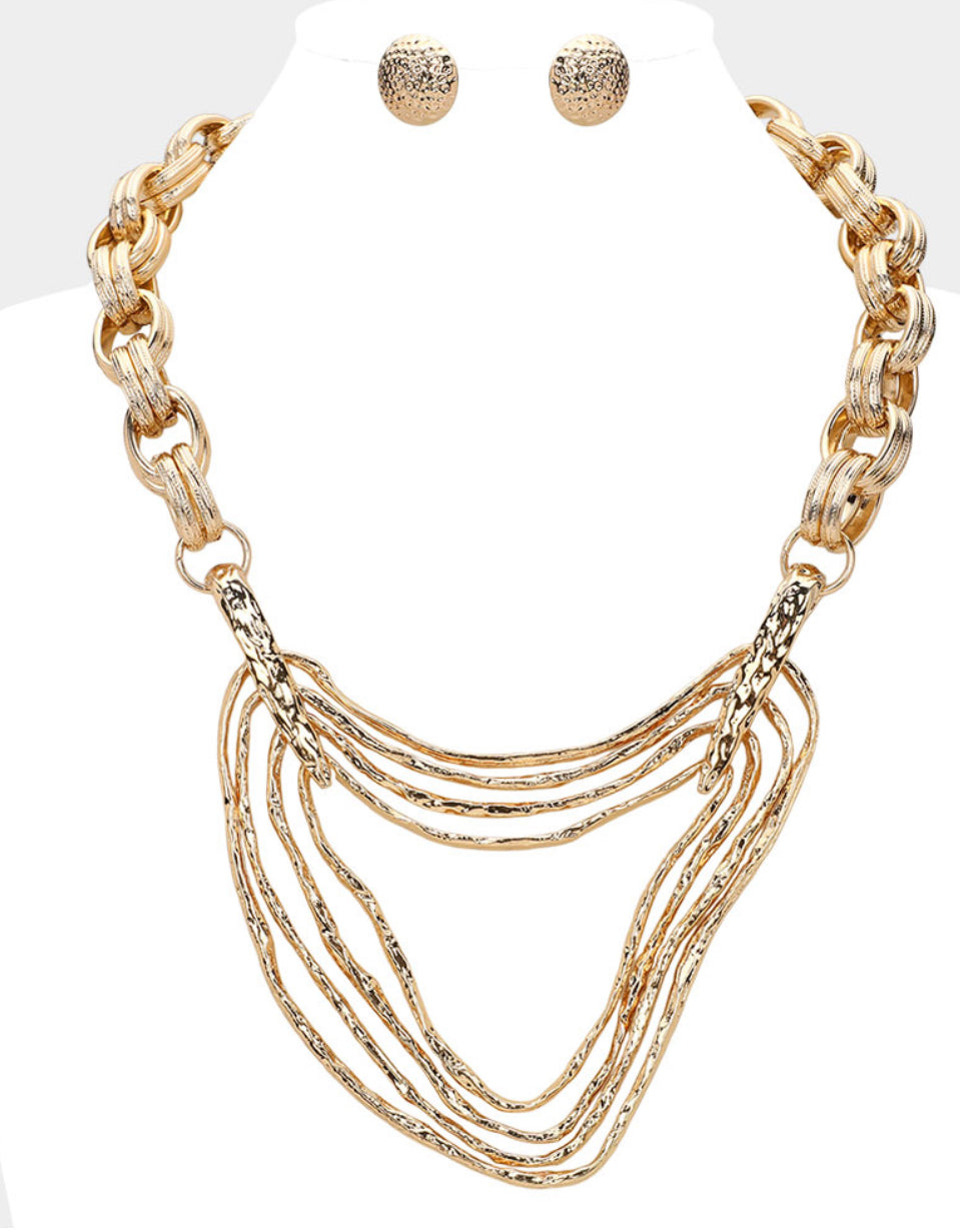 Gold Textured Metal Layered Chunky Statement Necklace